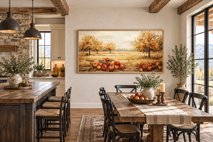 Autumn apple orchard painting on a farmhouse kitchen wall above a rustic wooden dining table.