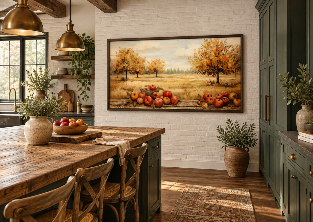 Autumn apple orchard painting in a dark wood frame on a white brick farmhouse kitchen wall.