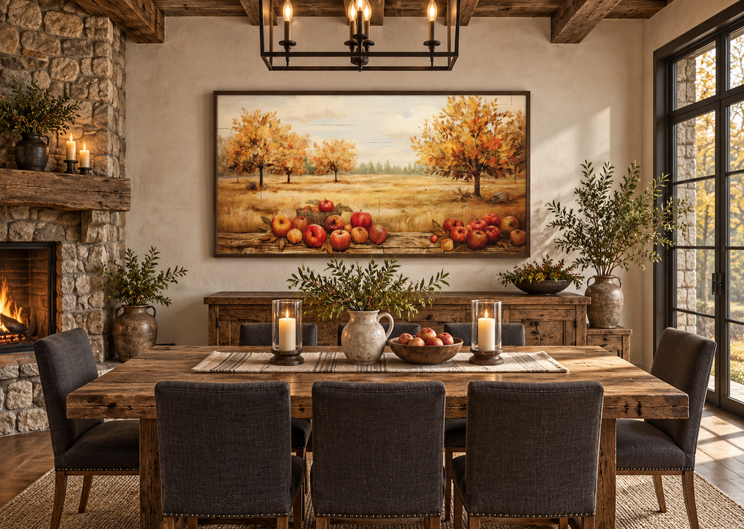 Autumn apple orchard painting on a canvas above a rustic wooden dining table in a farmhouse room.