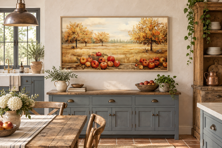 Autumn apple orchard painting in a wooden frame above a blue sideboard in a farmhouse kitchen.