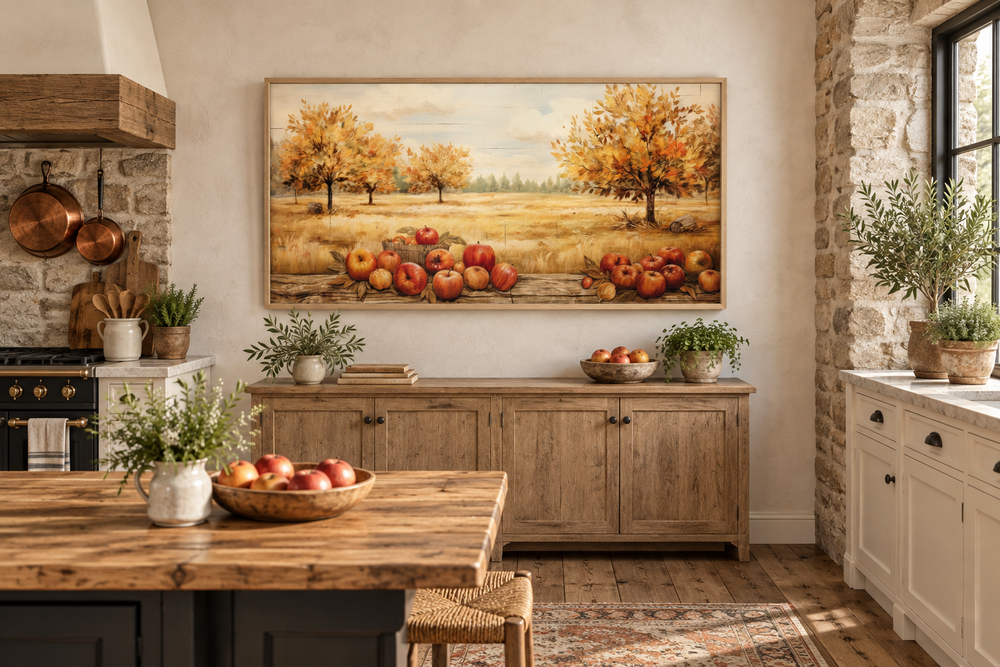 Horizontal autumn apple orchard painting in a wooden frame above a rustic sideboard in a kitchen.