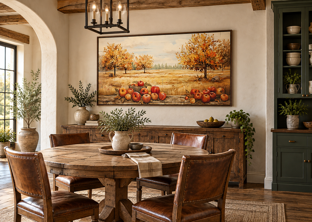 Autumn apple orchard painting on canvas in a rustic farmhouse dining room above a wooden sideboard.