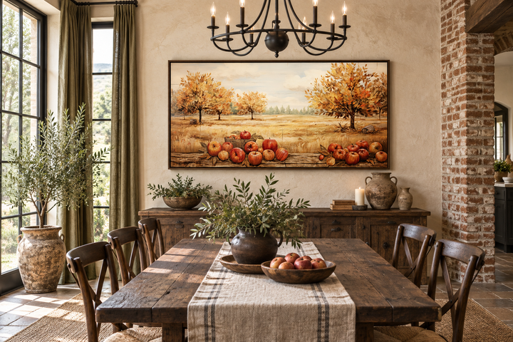 Autumn apple orchard painting on canvas in a rustic farmhouse dining room above a wooden sideboard.