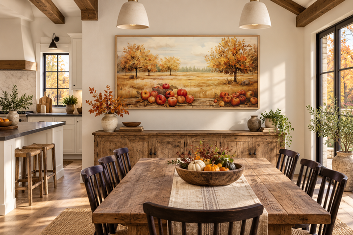 Autumn apple orchard painting on canvas in a rustic farmhouse dining room above a wooden sideboard.