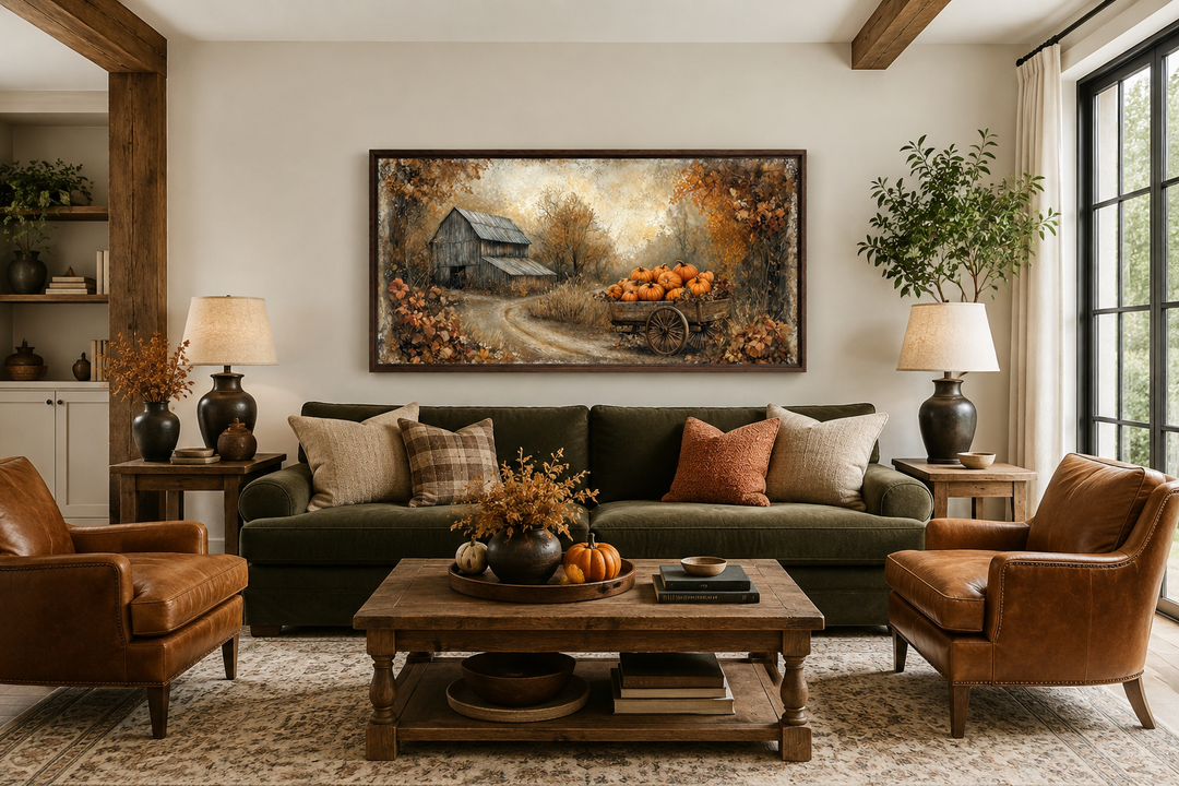 Autumn Barn and Pumpkin Cart farmhouse canvas wall art displayed above a green sofa in a living room