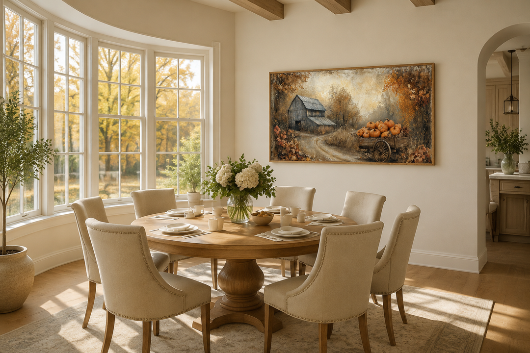 Autumn Barn and Pumpkin Cart Farmhouse Canvas Wall Art displayed in a rustic dining room.