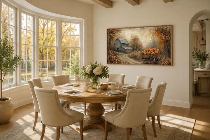 Autumn Barn and Pumpkin Cart Farmhouse Canvas Wall Art displayed in a rustic dining room.