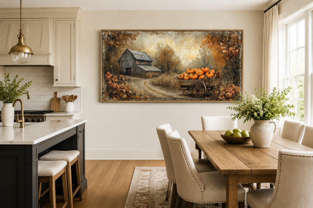 Autumn barn and pumpkin cart farmhouse canvas wall art displayed in a rustic dining room.