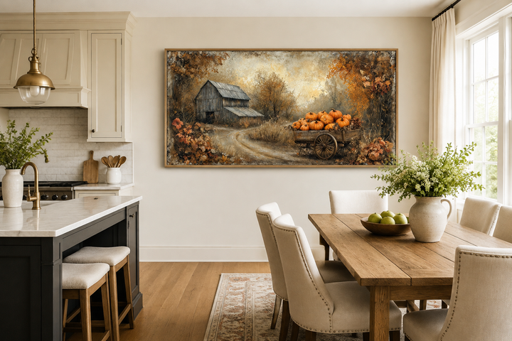 Autumn barn and pumpkin cart farmhouse canvas wall art displayed in a rustic dining room.