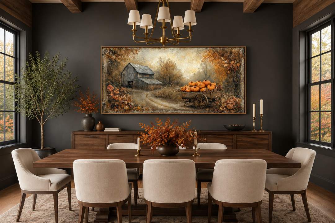 Autumn barn and pumpkin cart farmhouse canvas wall art in a rustic dining room setting.