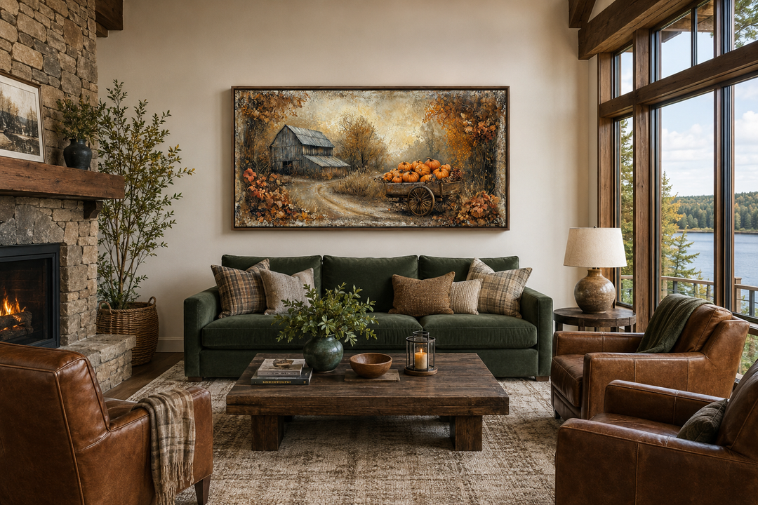 Autumn Barn and Pumpkin Cart farmhouse canvas wall art above a green sofa in a rustic living room.