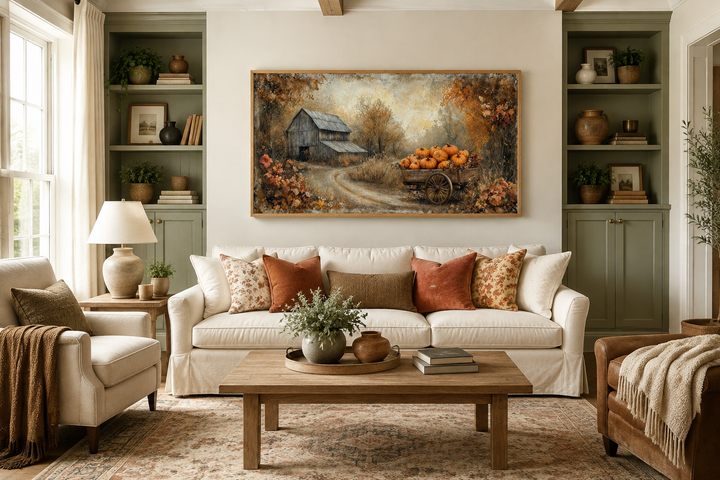 Autumn Barn and Pumpkin Cart farmhouse canvas wall art displayed above a sofa in a living room.