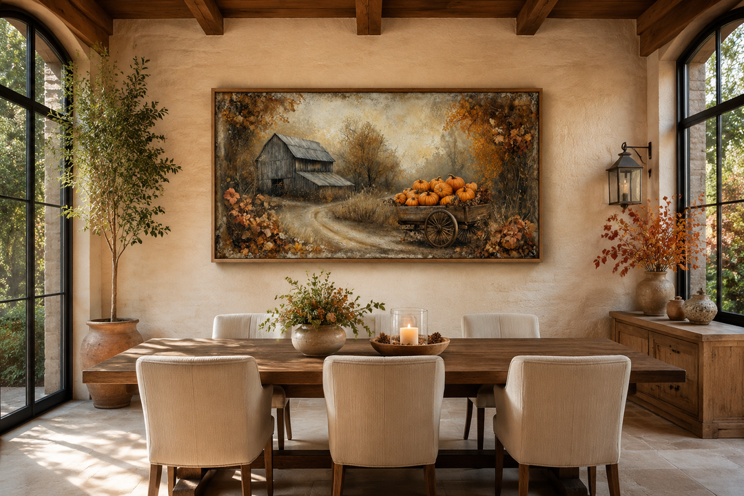 Autumn Barn and Pumpkin Cart farmhouse canvas wall art in a rustic dining room setting.
