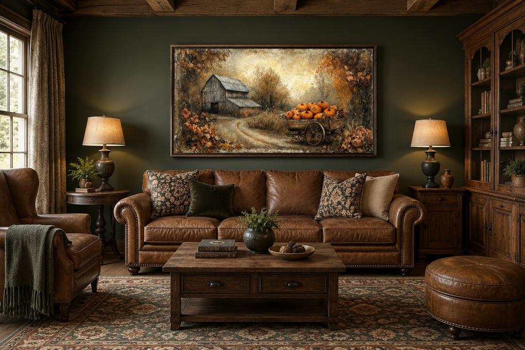 Autumn Barn and Pumpkin Cart farmhouse canvas wall art above a brown leather sofa in a rustic room.
