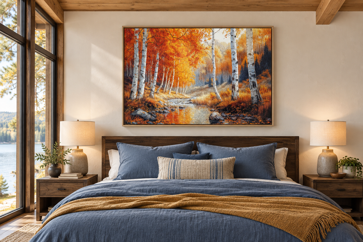 Autumn birch trees forest framed canvas wall art hanging above a bed in a rustic bedroom.
