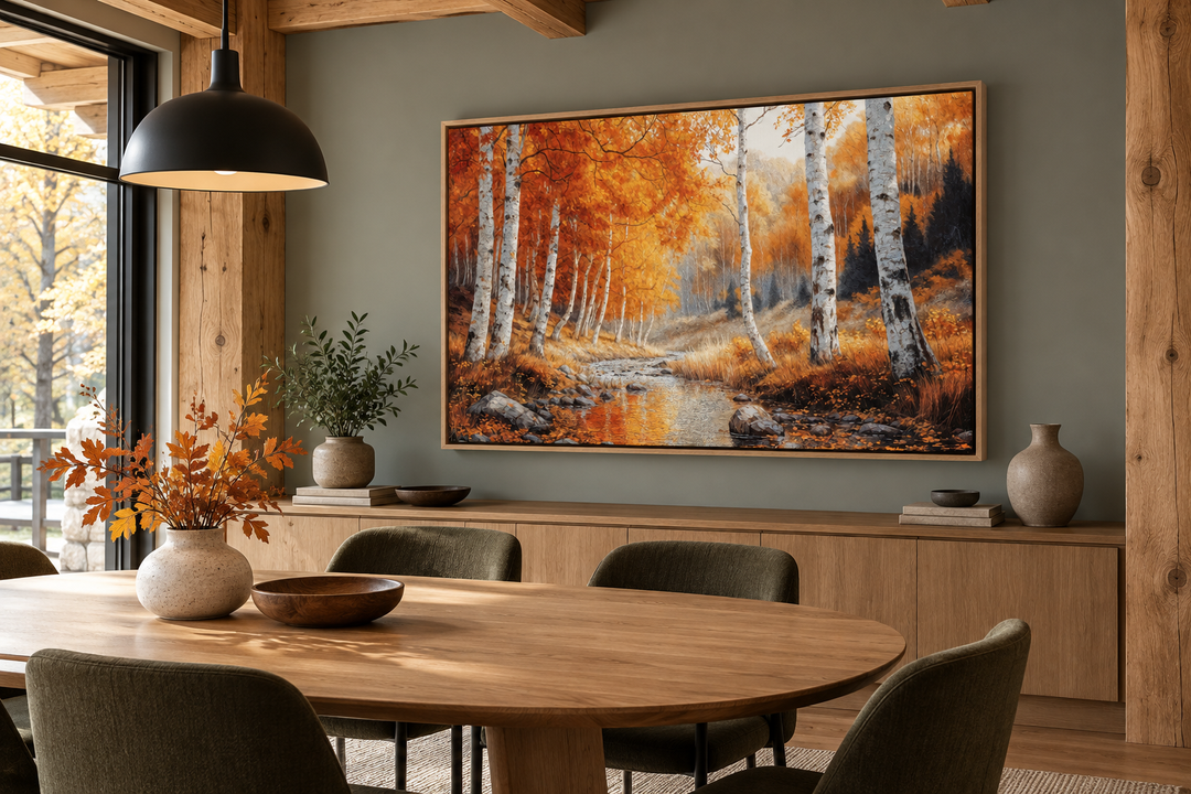 Autumn birch trees forest framed canvas wall art hanging in a modern rustic dining room.