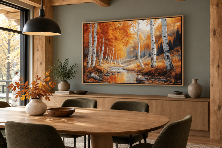 Autumn birch trees forest framed canvas wall art hanging in a modern rustic dining room.