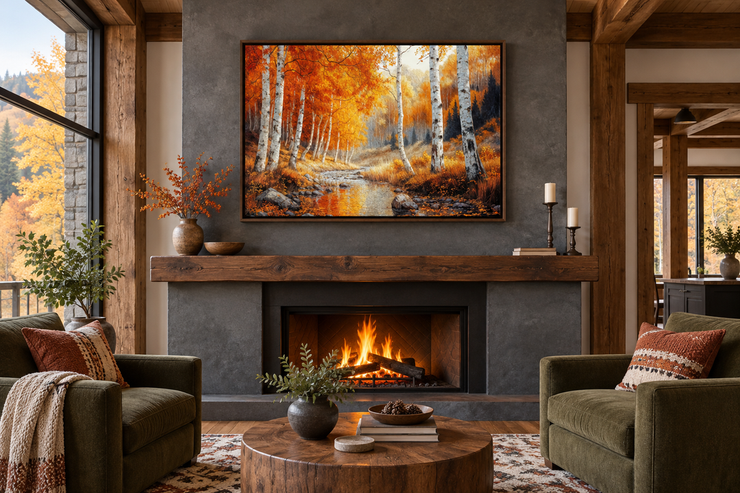 Autumn birch trees forest framed canvas wall art hanging above a cozy fireplace in a living room.