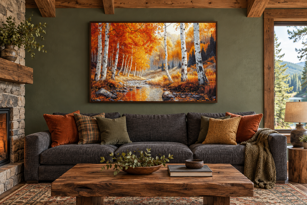 Autumn birch trees forest framed canvas wall art above a dark sofa in a rustic living room.
