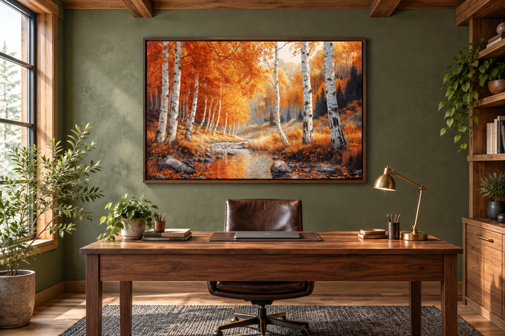Autumn birch trees forest framed canvas wall art hanging above a wooden desk in a home office.