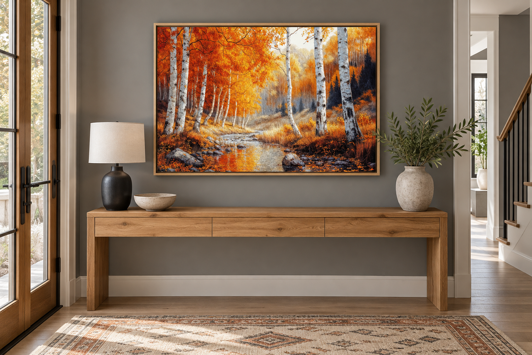 Autumn Birch Trees Forest Framed Canvas Wall Art in an oak frame above a wooden console table.