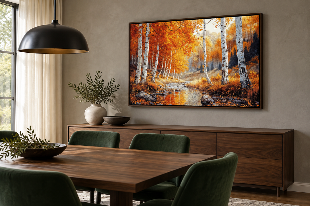 Autumn birch trees forest framed canvas wall art above a walnut sideboard in a dining room.