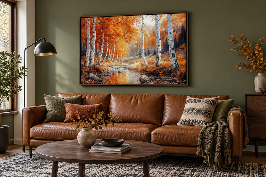 Autumn birch trees forest framed canvas wall art hanging above a brown leather sofa.