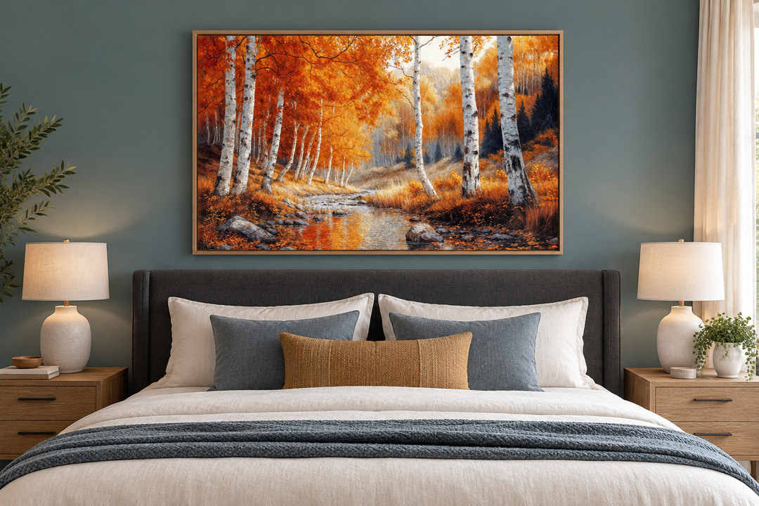 Autumn birch trees forest framed canvas wall art hanging above a bed in a modern bedroom.