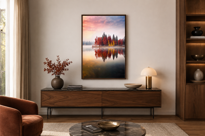 Vertical framed canvas wall art of red and gold autumn trees reflected in a calm lake at sunset.