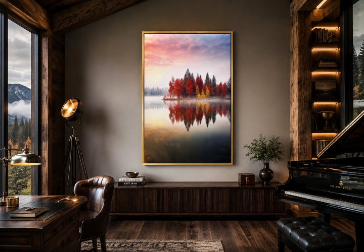 Vertical framed canvas wall art of red and gold autumn trees reflected in a tranquil lake.