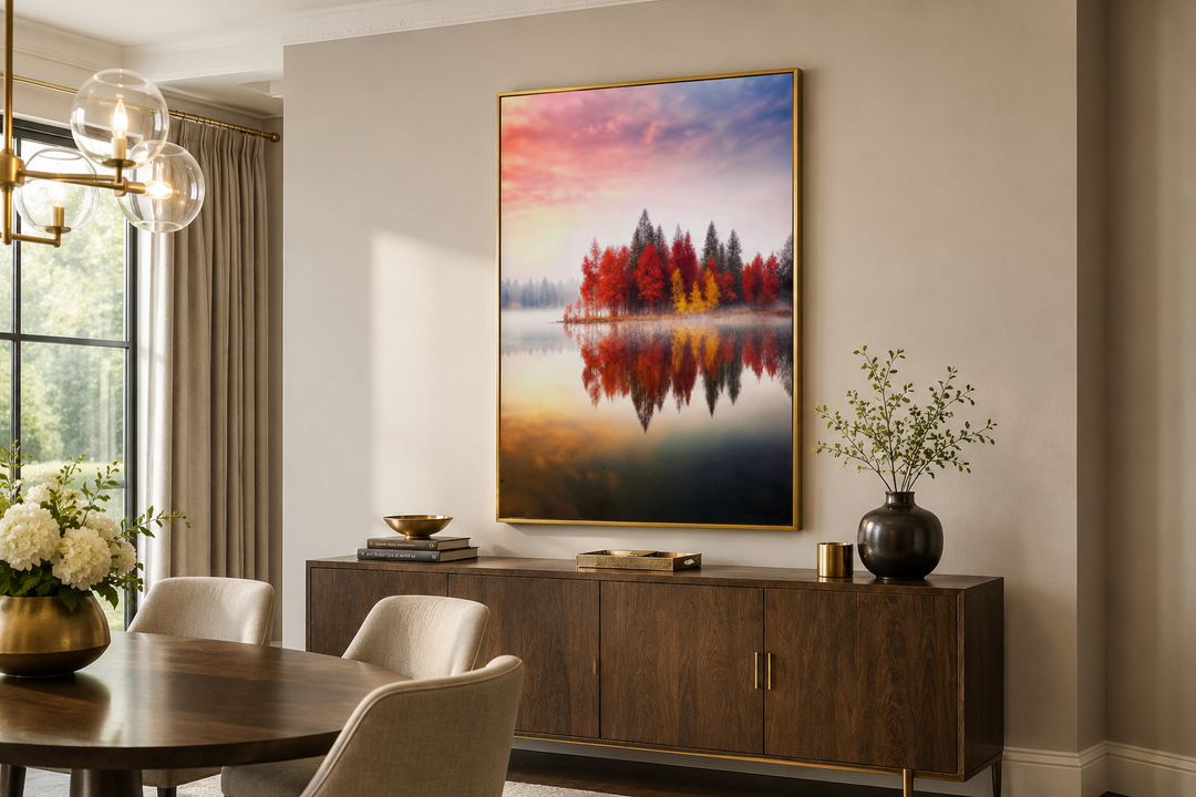 Autumn fall foliage reflected in a lake framed canvas wall art above a wooden sideboard.