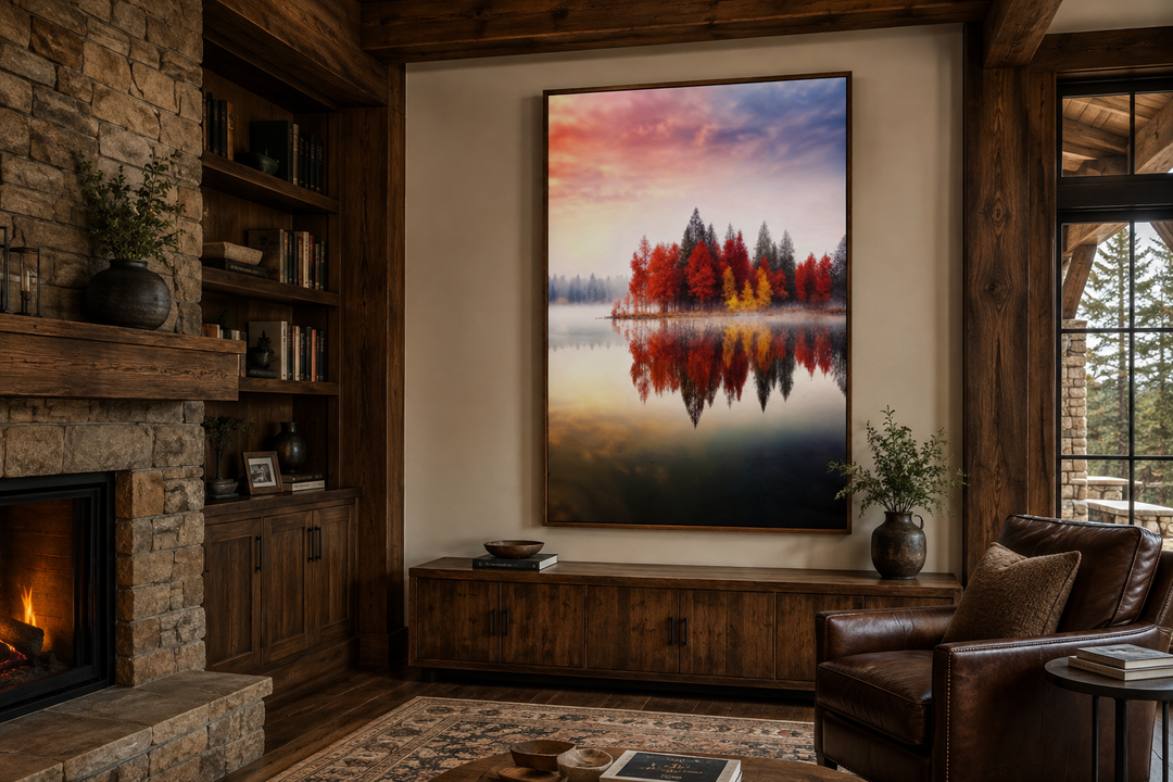 Vertical framed canvas wall art of red and gold autumn trees reflected in a tranquil lake.