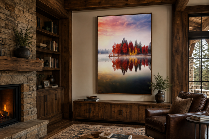 Vertical framed canvas wall art of red and gold autumn trees reflected in a tranquil lake.