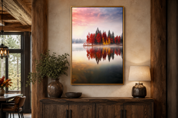 Vertical framed canvas wall art of red and gold autumn trees reflected in a calm lake at sunset.