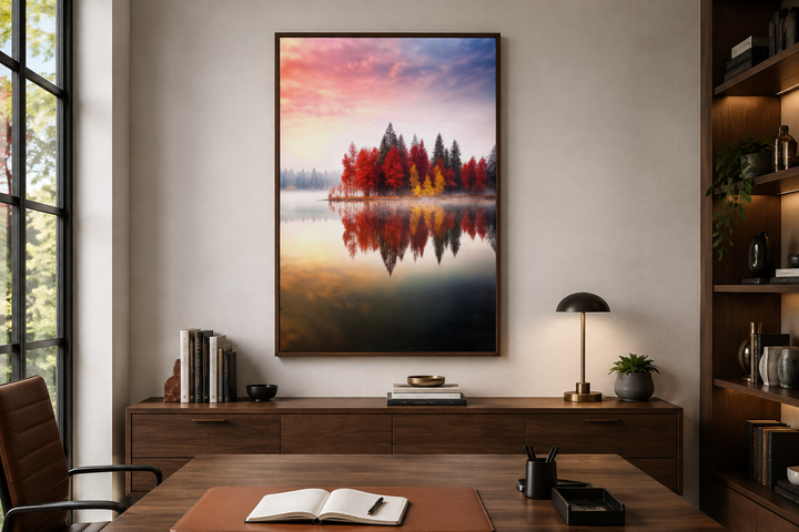 Autumn fall foliage reflected in lake framed canvas wall art hanging above a wooden desk.