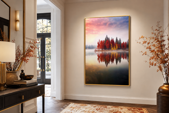 Vertical framed canvas wall art of red and gold autumn trees reflected in a tranquil lake.