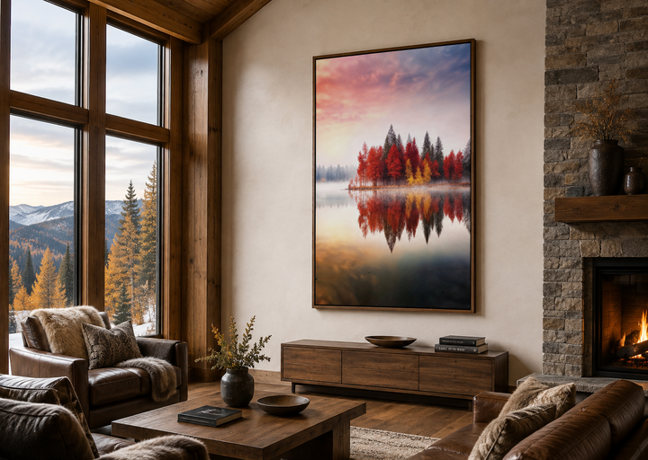 Vertical framed canvas wall art of red and gold autumn trees reflected in a tranquil lake.