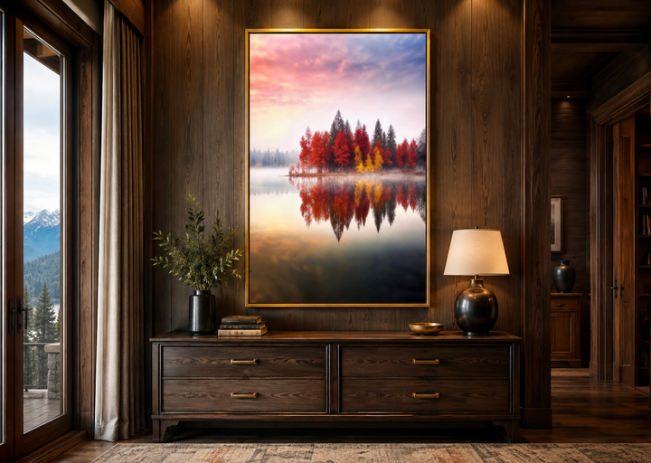Vertical framed canvas wall art of red and yellow autumn trees reflected in a tranquil lake.