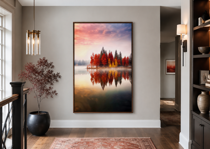 Vertical framed canvas art of red and gold autumn trees reflected in a tranquil lake at sunset.