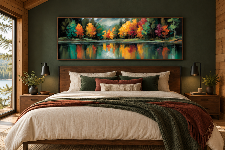 Autumn forest lake reflection long narrow canvas wall art above a bed in a rustic bedroom.