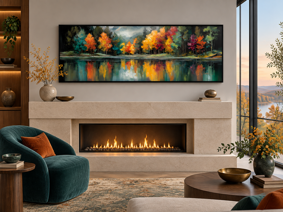 Autumn forest lake reflection long narrow canvas wall art above a modern fireplace.