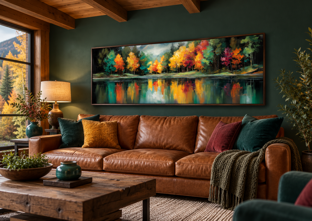 Autumn forest lake reflection long narrow canvas wall art above a brown leather sofa.