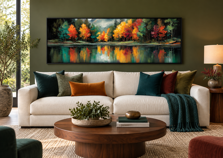 Autumn forest lake reflection long narrow canvas wall art above a white sofa in a green room.