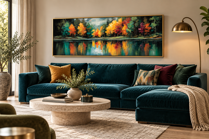 Autumn forest lake reflection long narrow canvas wall art above a teal velvet sectional sofa.