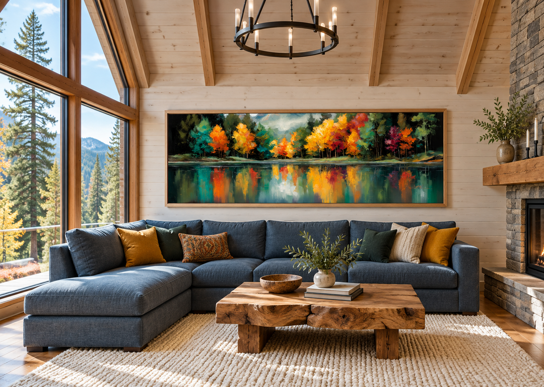 Autumn Forest Yellow Green Red Lake Reflection long narrow canvas wall art above a blue sofa.