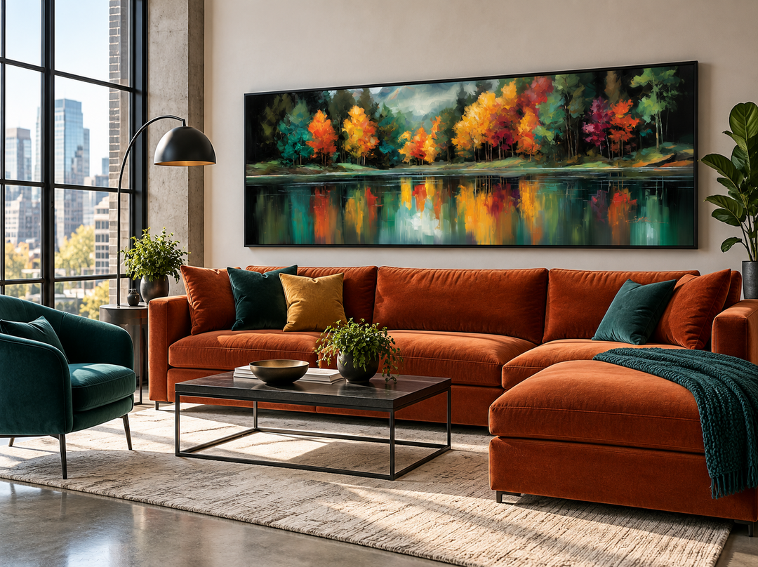 Autumn Forest Yellow Green Red Lake Reflection long narrow canvas wall art above an orange sofa.
