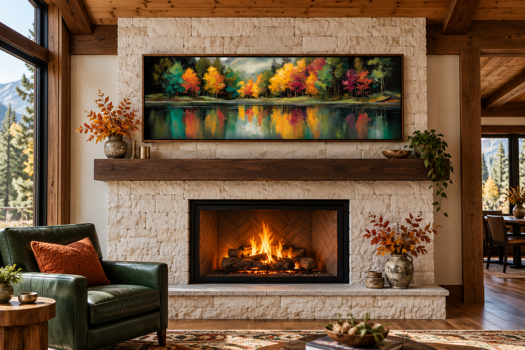 Panoramic autumn forest canvas art with colorful tree reflections over a fireplace mantel.