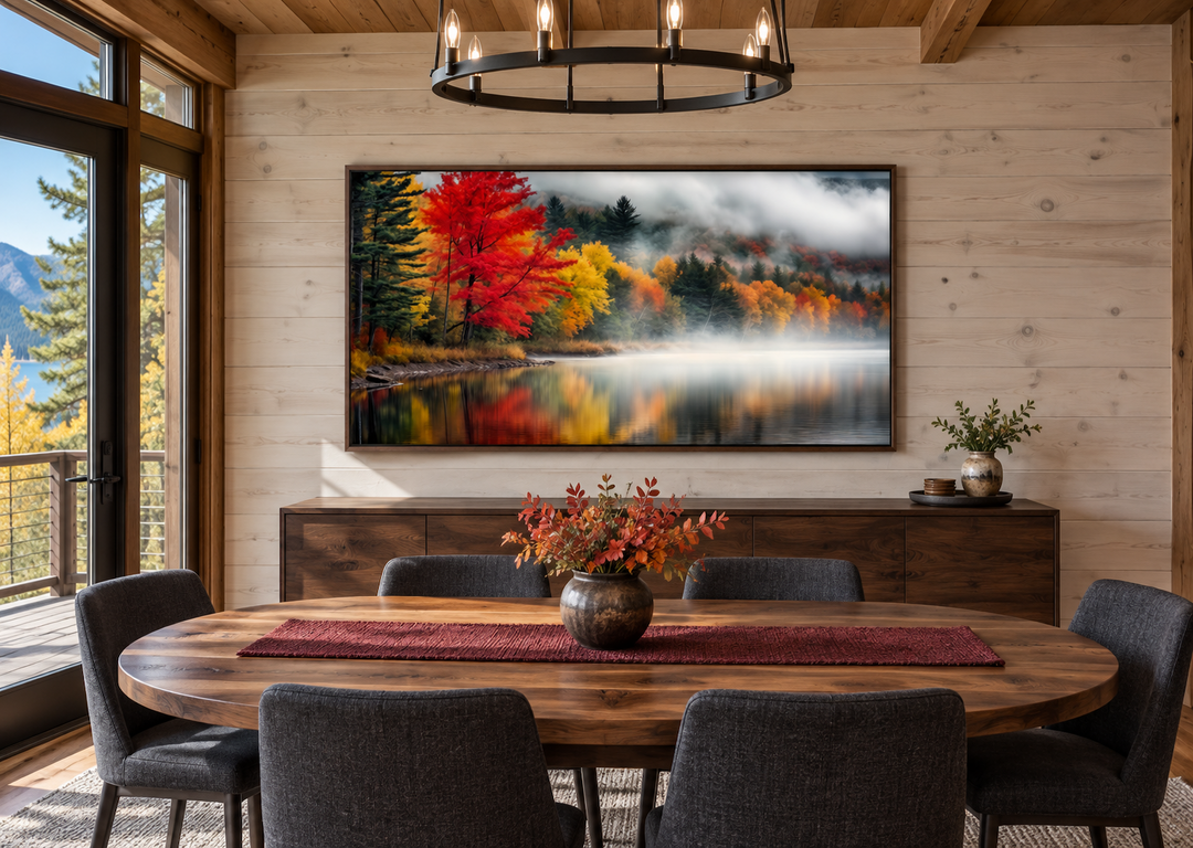 New England lake and forest landscape autumn wall art above a dining table in a rustic room.