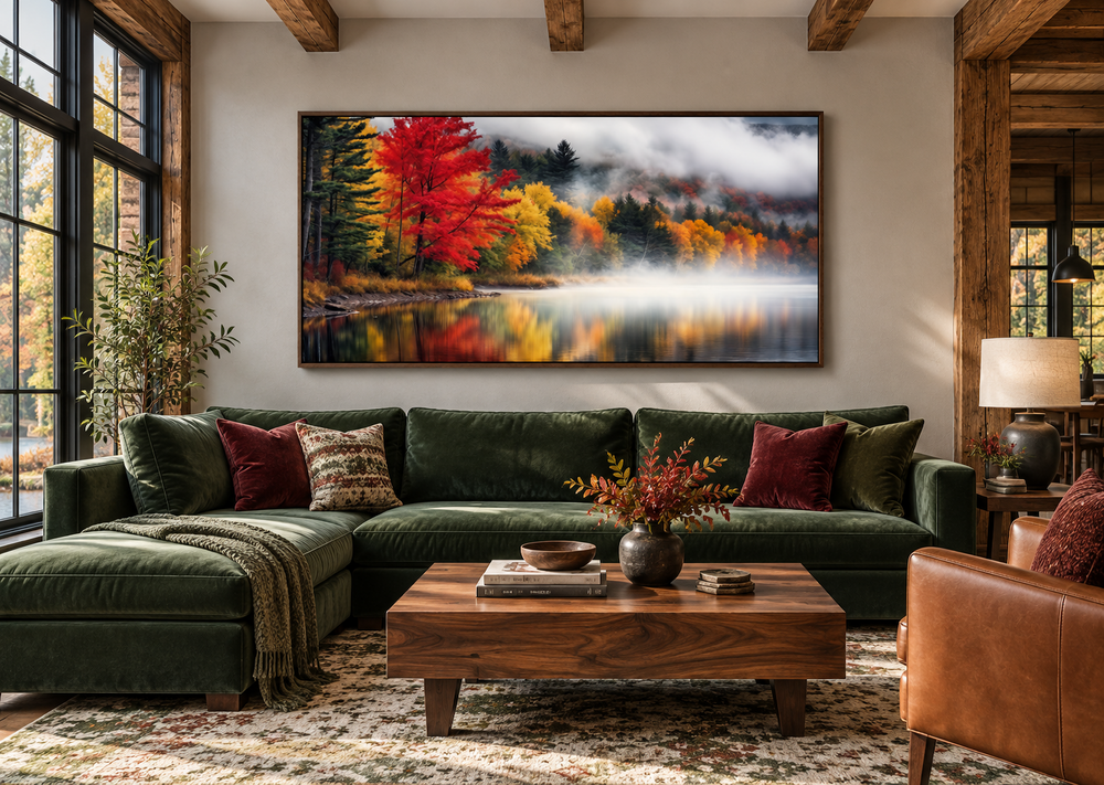 New England autumn wall art featuring a vibrant red tree and misty lake above a green sofa.