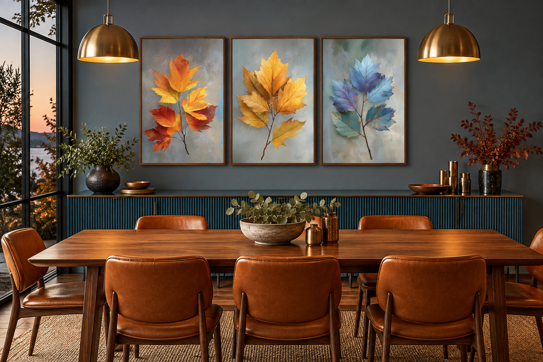 Set of three botanical wall art prints featuring colorful autumn leaves in a modern dining room.